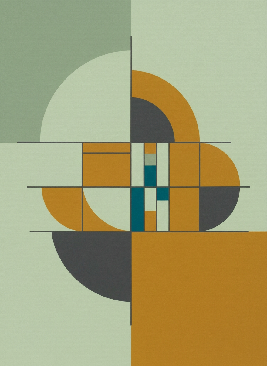Ultra-modern geometric painting. Bold flat color blocks, clean sharp lines. Light sage green — pale, fresh, airy — as the dominant tone, warm mustard yellow as secondary, dark charcoal grey for structure, and a deliberate accent of deep teal petrol blue (bleu pétrole) as a striking contrast element. Scandinavian Bauhaus aesthetic. High luminosity, bright and uplifting mood. Abstract, structured, no figures, no text. Portrait format.